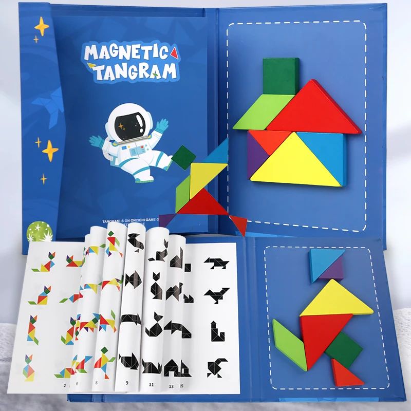 Wooden Jigsaw Magnetic Tangram 3D Puzzle Book Educational To