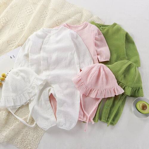 2Pcs Baby Romper Hat Muslin Toddler Outfit Set Long Sleeve S