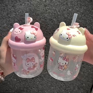 新款 夏季 高颜值可爱便携小熊耳朵女生水杯学生儿童吸管塑料杯子