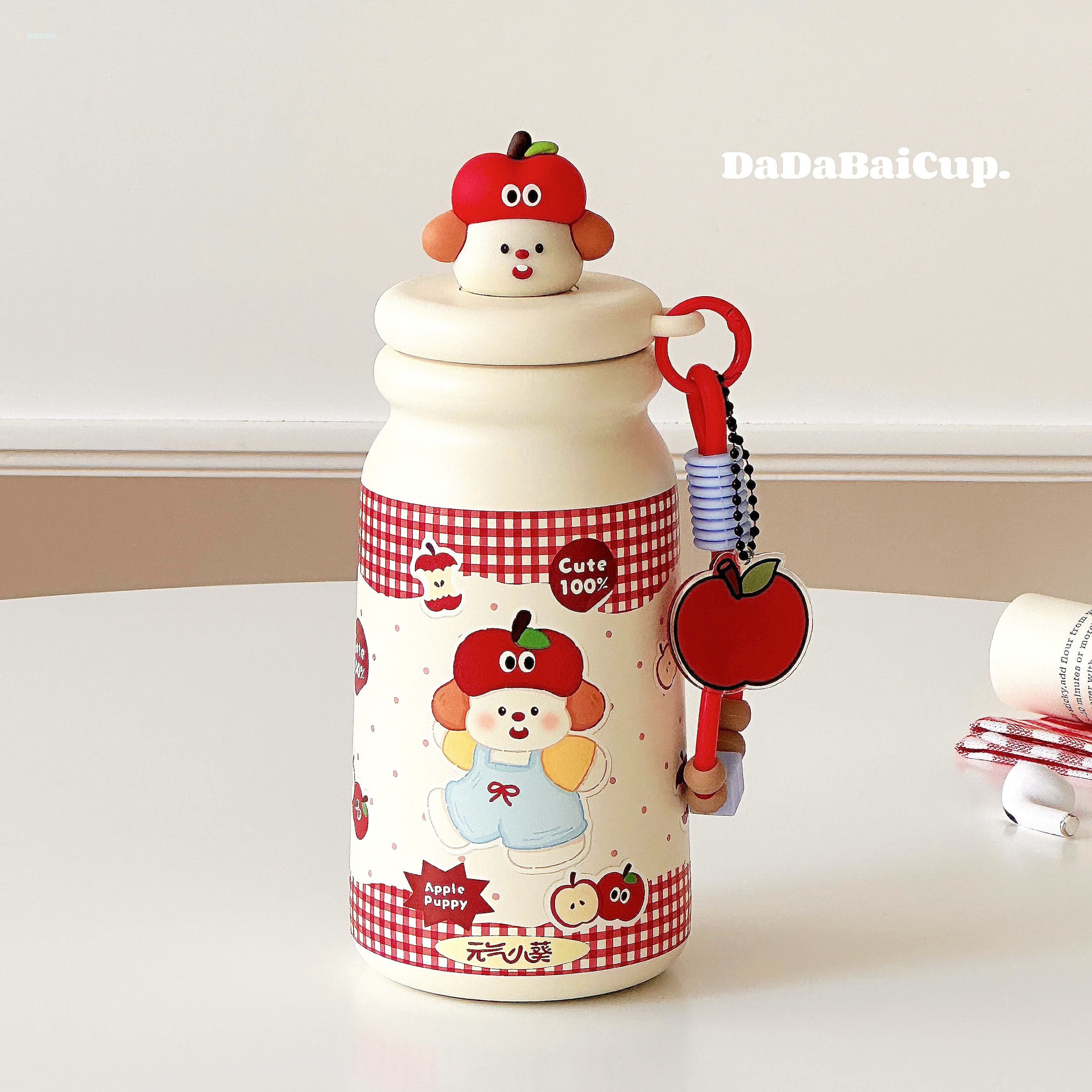 苹果小狗吸管杯子保温杯女生高颜值2025新款办公室便携水杯ins风