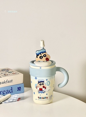 蓝色蜡笔小新大容量可爱吸管直饮两用保温杯女生办公室冰霸水杯子