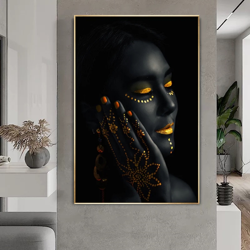 黑白金个性美女装饰画现代轻奢工业风挂画艺术人物玄关背景墙壁画图片