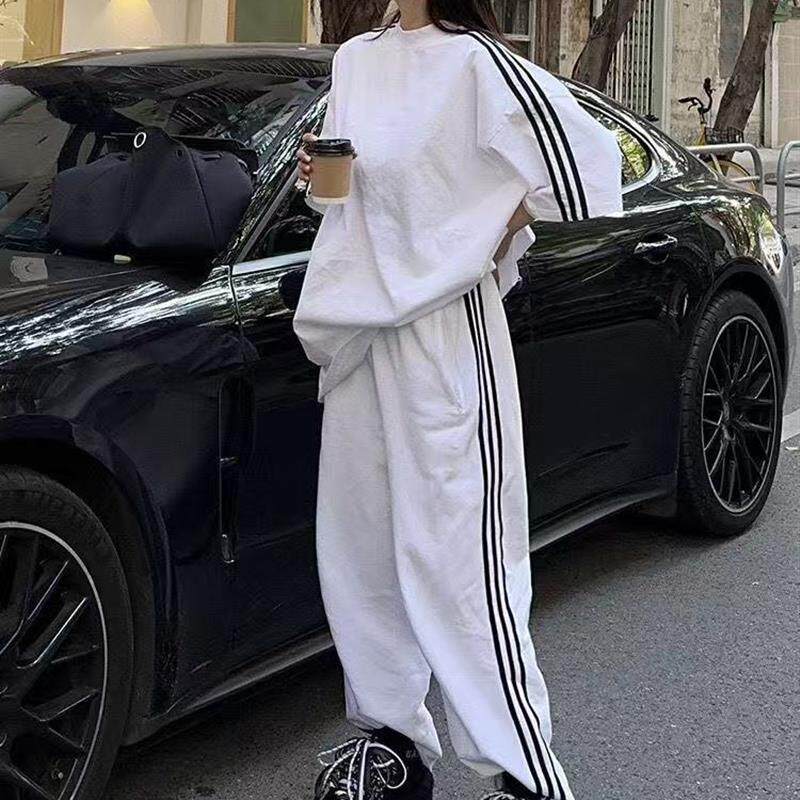 盐系港风运动服套装女夏季学生宽松显瘦时尚短袖长裤休闲两件套潮