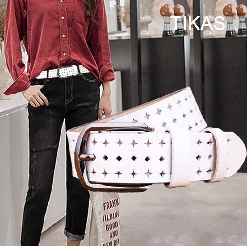 镂空皮带女真皮韩版简约百搭个性潮流牛仔裤腰带女牛皮宽腰带白色