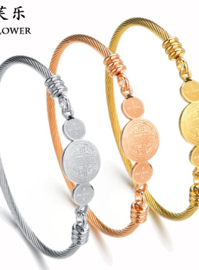 跨境爆款热销不锈钢三色拉丝编织手镯 圆形十字架欧美风手环时尚