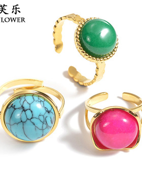 跨境新款复古圆形石钛钢开口戒指女小众级感轻奢义乌戒指礼物指环