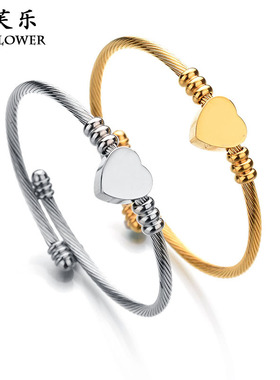 钛钢女士爱心diy字母开口手镯 不锈钢金属手镯不掉色爆款学生饰品