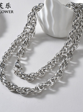 士粗款素圈不掉色钛钢项链欧美时尚百搭扭线锁骨链毛衣链女