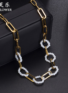 新款真空镀14k金设计感拼接项链女生 小众简约白色串珠锁骨链女士