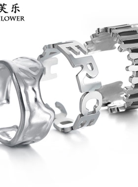 跨境不锈钢男士几何型宽面开口戒指欧美设计感嘻哈钛钢食指指环