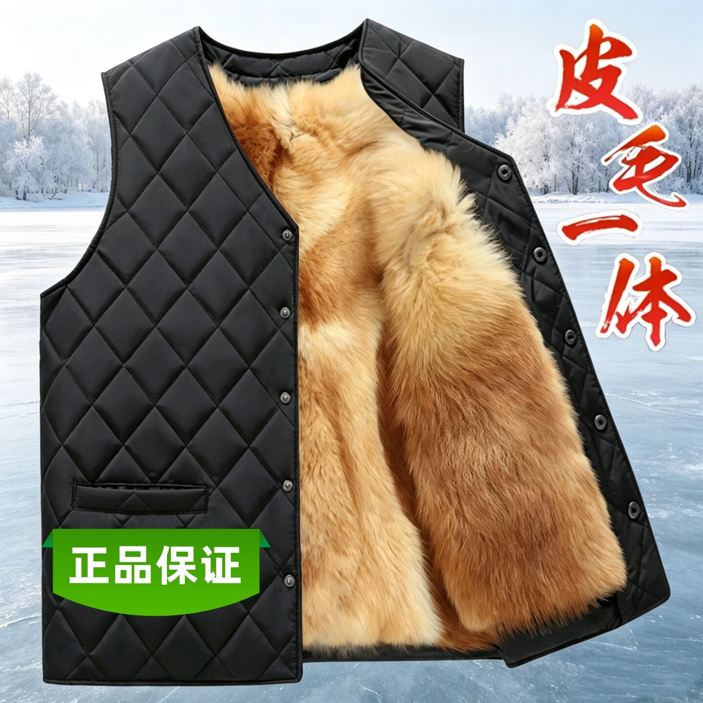 真毛皮坎肩羊毛马甲男老人加厚皮毛一体背心骑行无袖外套冬季马夹