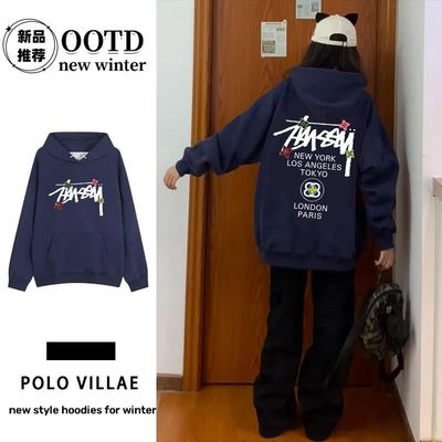 藏青色国潮设计感印花男女帽衫秋冬加绒加厚美式高街情侣连帽卫衣