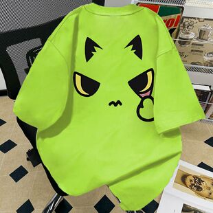 重磅荧光绿纯棉港风潮流卡通猫咪印花短袖T恤男女夏季百搭ins上衣