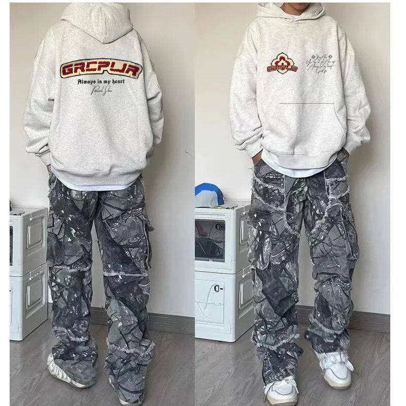 花灰色美式高街潮牌情侣款连帽卫衣男女秋冬加绒加厚百搭外套帽衫