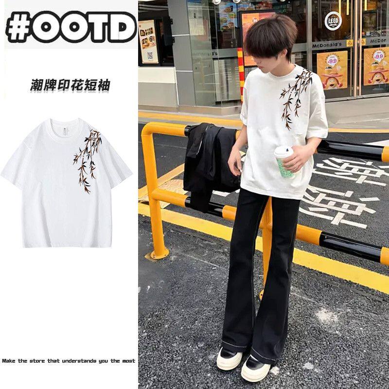 竹子印花纯棉T恤短袖男女款白色夏季情侣休闲潮流半袖时尚上衣ins