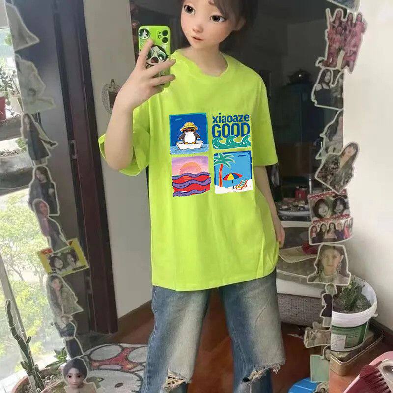 荧光绿纯棉美式潮牌风景印花短袖t恤男女宽松百搭潮流ins半袖上衣