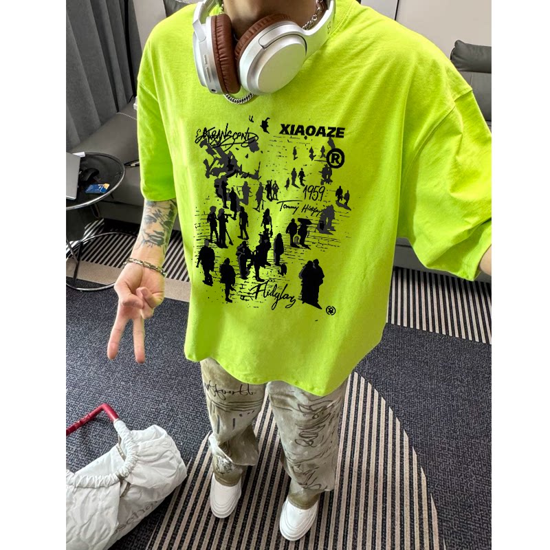 荧光绿纯棉重磅美式嘻哈复古印花短袖t恤ins男女夏季高街半袖上衣