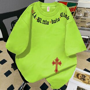 重磅纯棉美式短袖T恤男女小众设计感个性字母荧光绿情侣半袖上衣