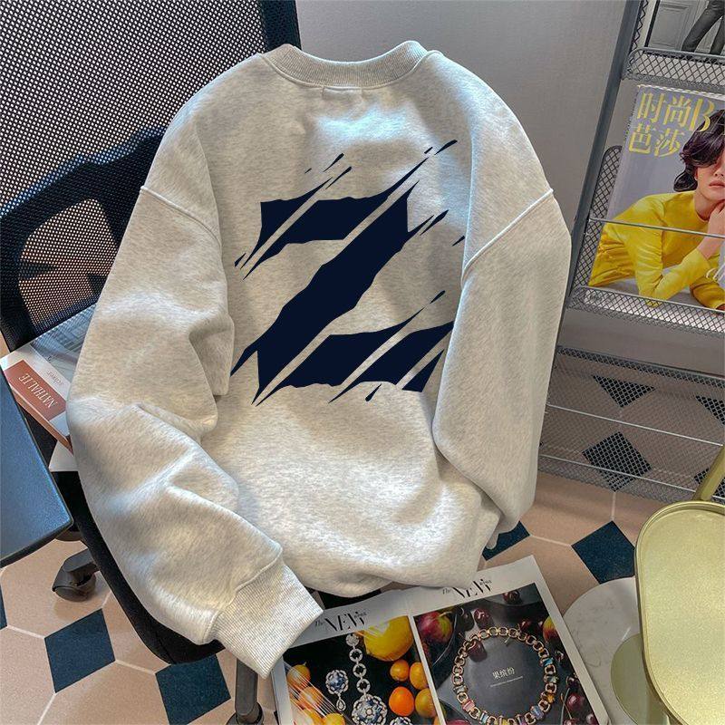 花灰色纯棉原宿风字母印花圆领卫衣男女秋冬情侣潮牌加绒加厚上衣