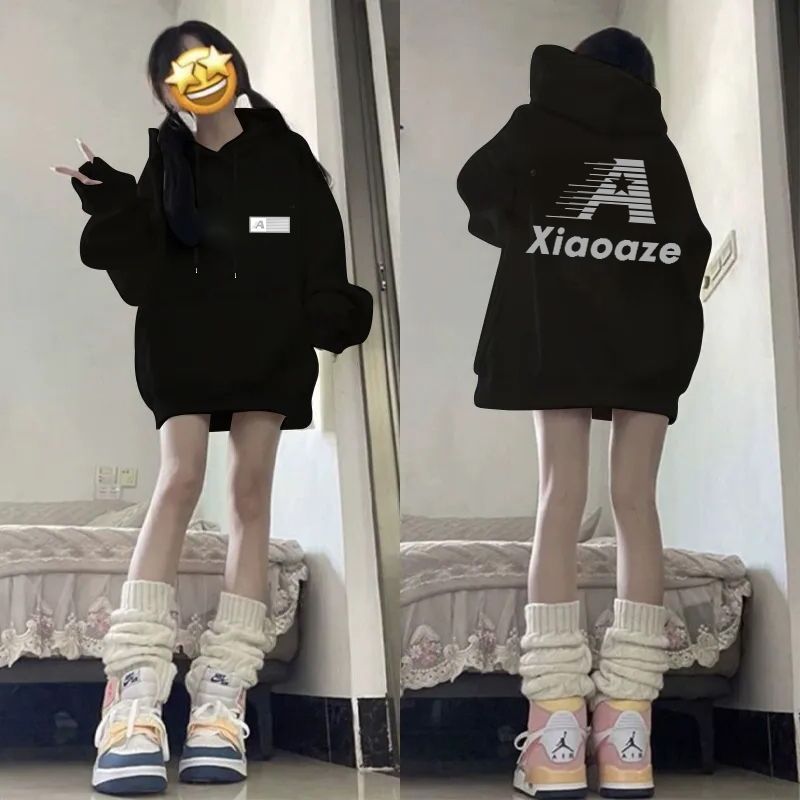 加绒加厚连帽卫衣男女秋冬百搭印花帽衫宽松港风潮流情侣新款外套