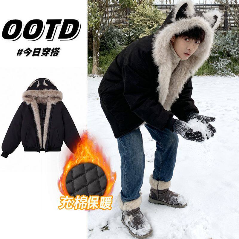 冬季黑色高级感猫耳朵座山雕毛领棉服男女款时尚棉衣加厚保暖外套