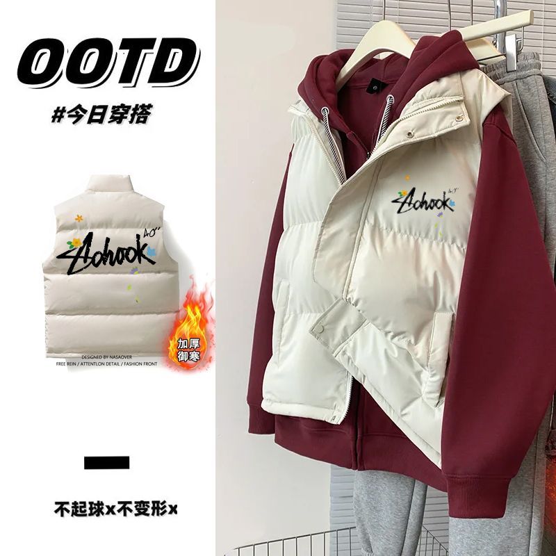 ins秋冬无袖坎肩男女叠穿加厚棉衣马甲韩版潮流印花情侣百搭外套