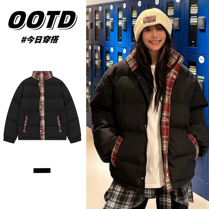 韩版复古格子拼接棉衣棉服男女款冬季加厚保暖立领面包服棉袄外套