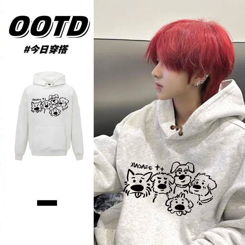 花灰色美式卡通小狗印花连帽卫衣男女秋冬加厚加绒慵懒风情侣帽衫