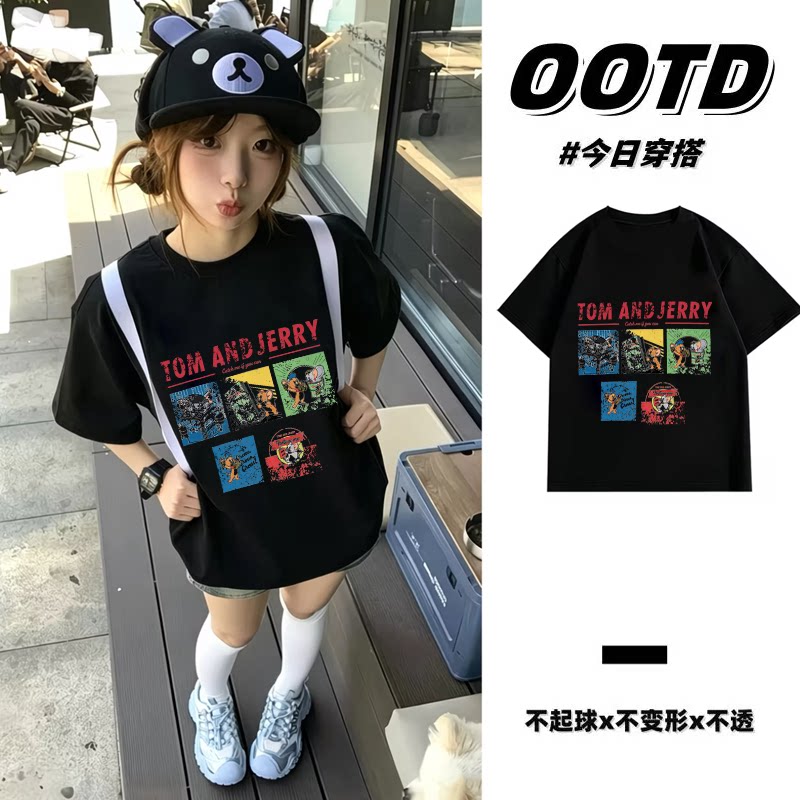 夏季纯棉美式复古卡通印花短袖上衣新款男女宽松潮流百搭T恤半袖
