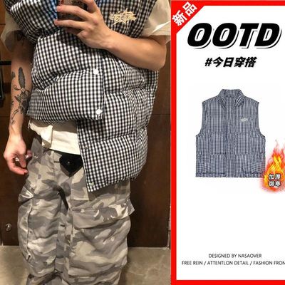 美式高街情侣刺绣撞色格子叠穿马甲韩版男女冬季新款宽松加厚棉服