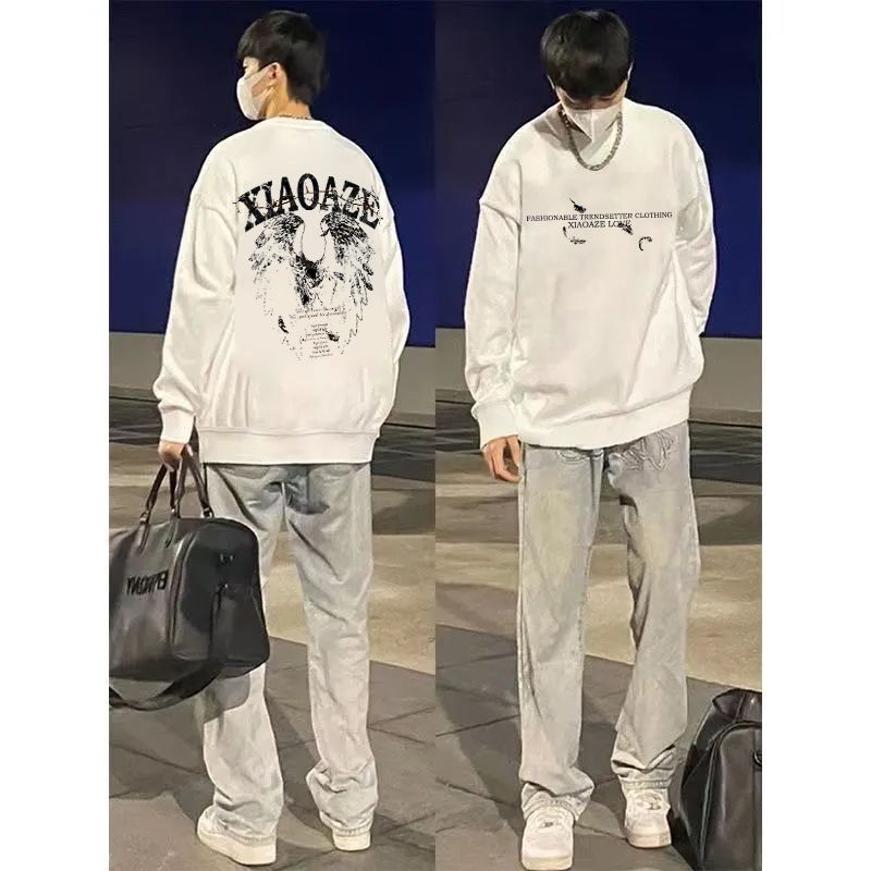 韩版复古翅膀印花情侣加绒加厚圆领卫衣秋冬ins潮流男女无帽上衣