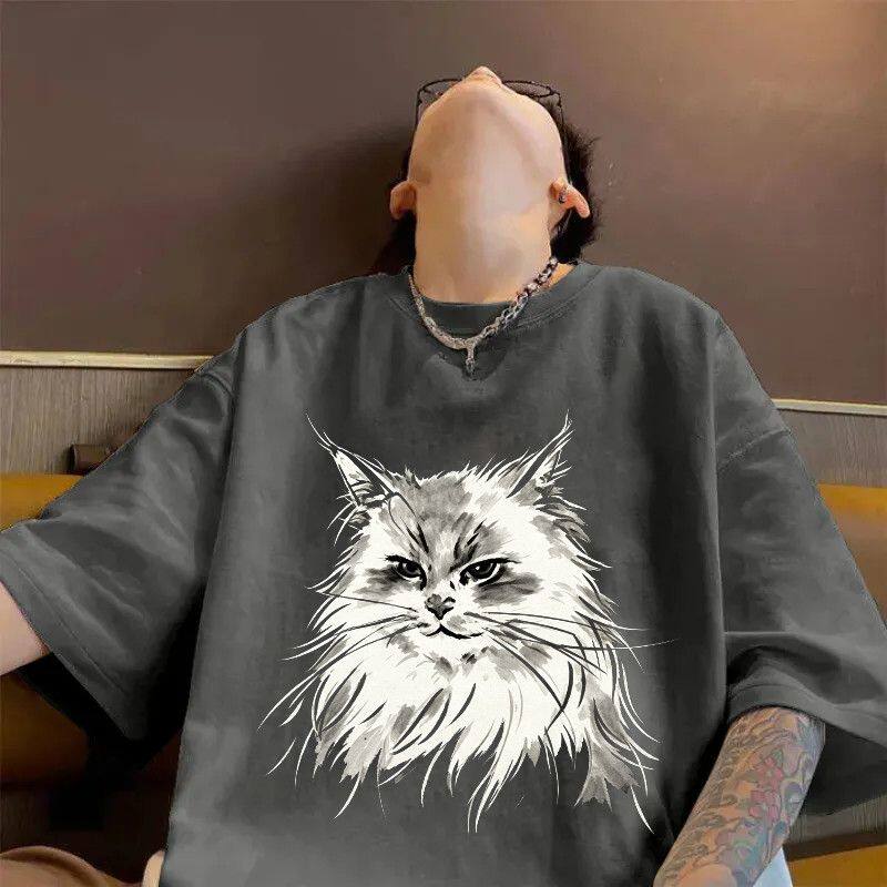 100%纯棉复古素描猫印花短袖T恤潮流宽松男女深灰色夏季百搭上衣