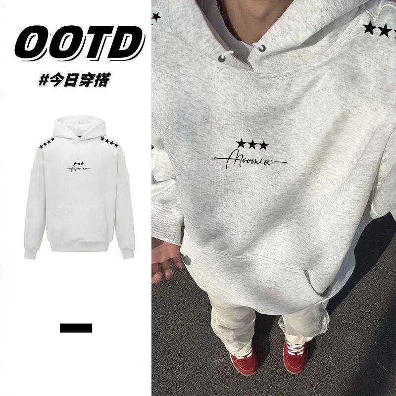 花灰色秋冬高街情侣加厚加绒帽衫男女美式复古印花高级感连帽卫衣