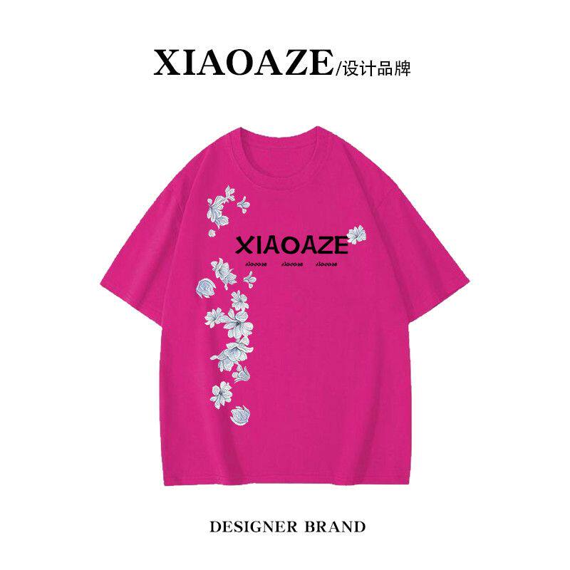 纯棉短袖t恤夏季男女衣服半袖爆款新款轻奢印花潮牌玫红体恤上衣