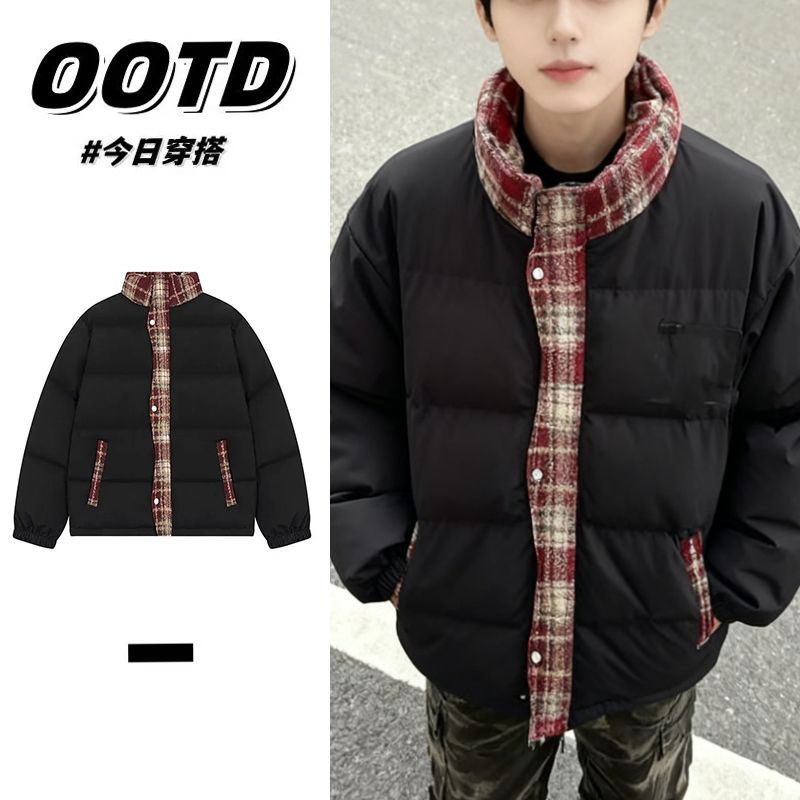 韩版复古格子拼接棉衣棉服男女款冬季加厚保暖立领面包服棉袄外套