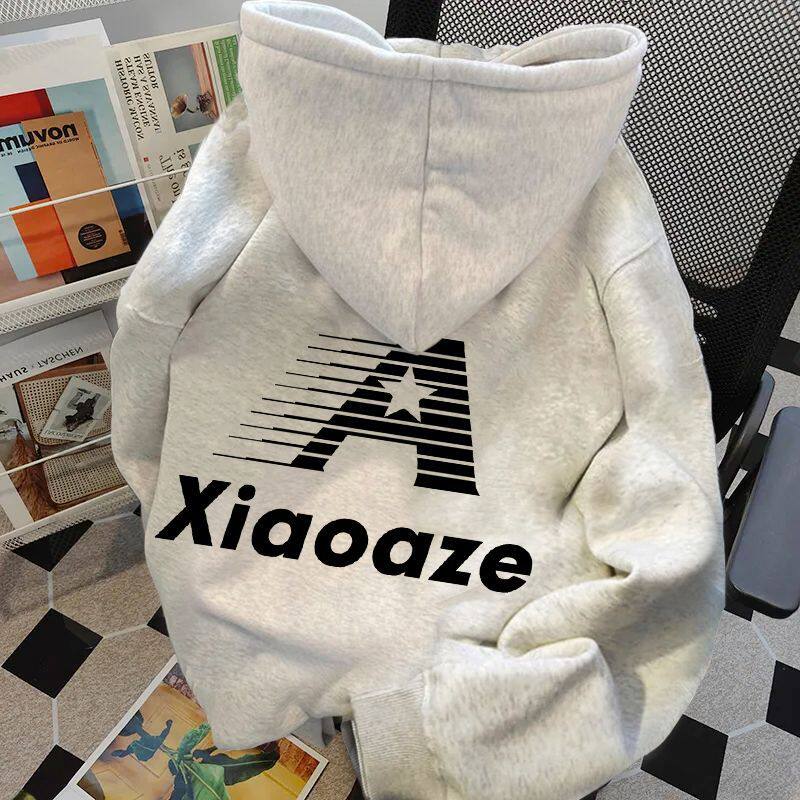 花灰色加绒加厚连帽卫衣男女秋冬款百搭印花帽衫港风潮流情侣外套