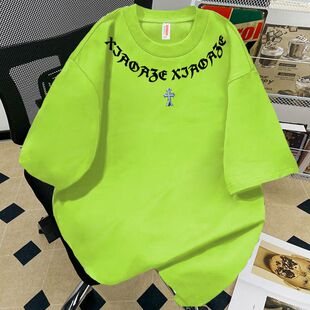 纯棉荧光绿短袖T恤男女情侣装夏季字母印花宽松学生上衣潮牌半袖