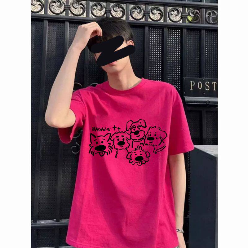 港风可爱手绘小狗玫红色印花t恤情侣夏季百搭上衣男女纯棉短袖ins
