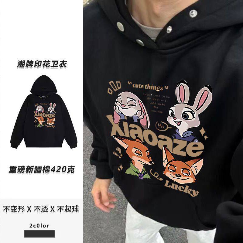 美式复古卡通印花加绒帽衫男女秋冬季潮流学生加厚纽扣款连帽卫衣