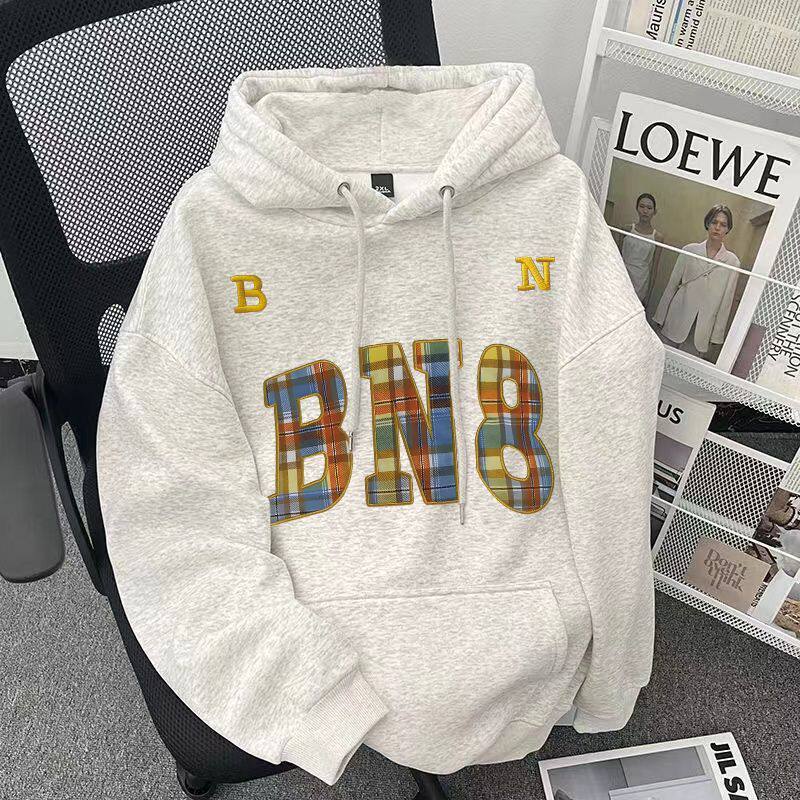 花灰色加厚连帽卫衣男女秋冬美式情侣高街字母加绒ins慵懒风帽衫