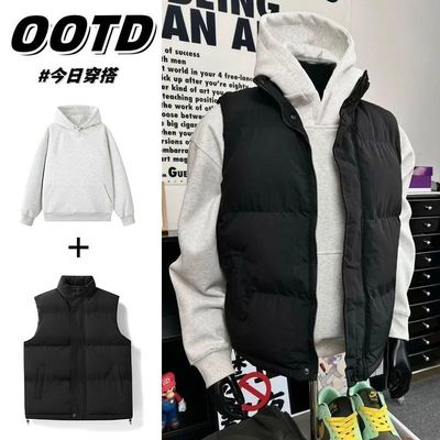 背心棉服套头卫衣两件套秋冬季叠穿加厚保暖马甲男款帽衫无袖外套