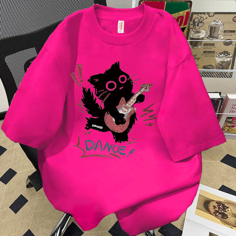 夏季新款卡通黑色猫吉他印花短袖t恤宽松潮牌百搭上衣男女半袖ins