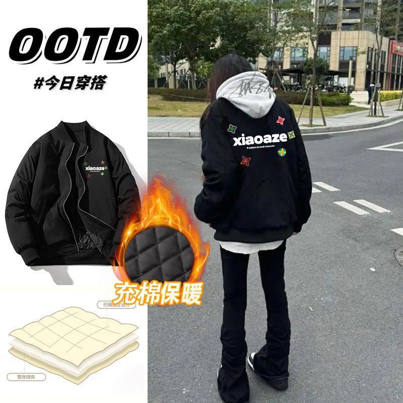 美式秋冬款飞行员加厚夹克男女外套印花复古休闲宽松情侣款棒球服