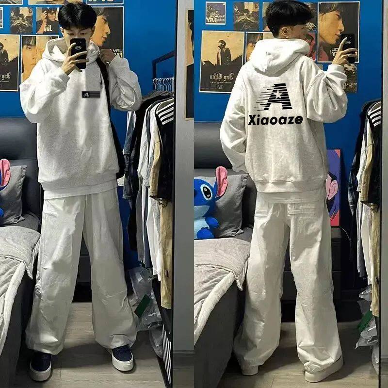 花灰色加绒加厚连帽卫衣男女秋冬款百搭印花帽衫港风潮流情侣外套