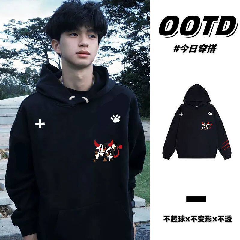 潮牌设计感印花连帽卫衣男女情侣秋冬美式高级感小众加绒加厚帽衫
