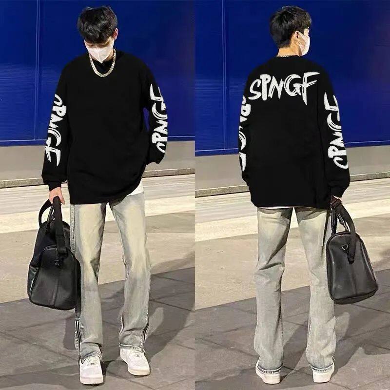 加绒加厚复古美式手臂字母圆领卫衣男女秋冬宽松百搭印花无帽上衣