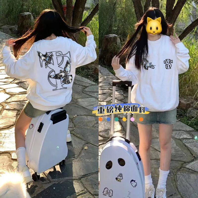 秋冬原宿风加厚加绒宽松圆领卫衣男女情侣款日系印花纯棉无帽上衣