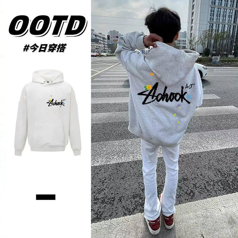 花灰色美式高街痞帅印花连帽卫衣纯棉男女情侣款加绒加厚秋冬帽衫