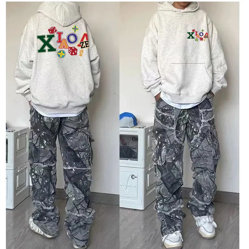 花灰色韩版ins欧美高街加绒连帽卫衣情侣款百搭秋冬男女加厚帽衫