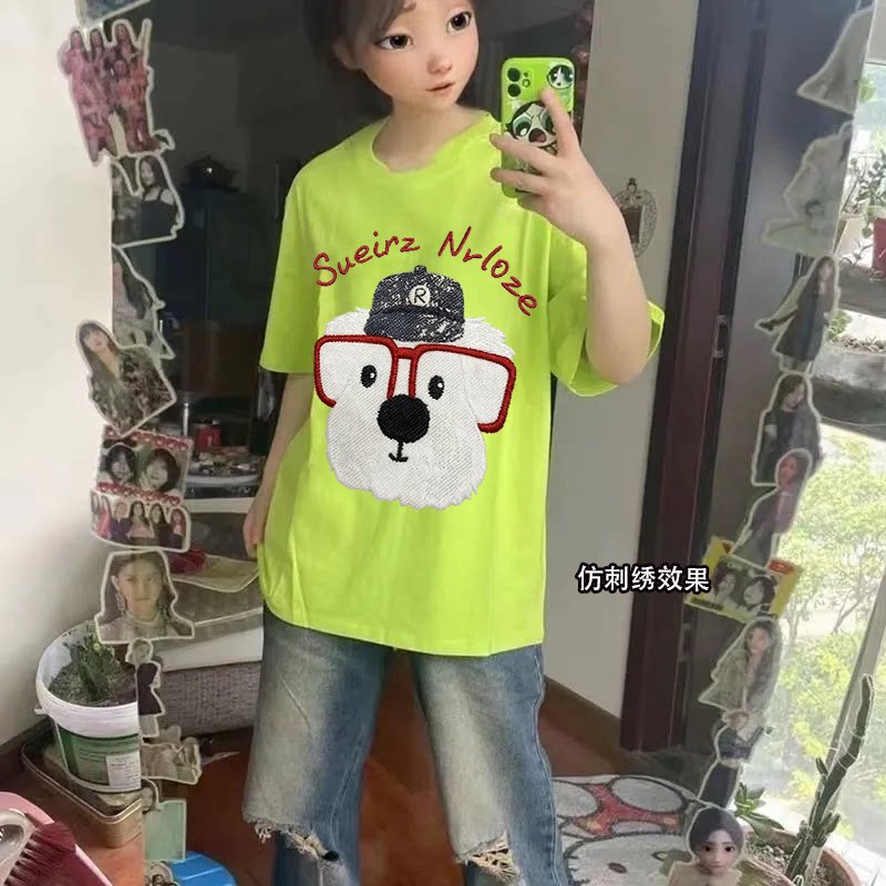 仿刺绣印花纯棉美式趣味眼镜小狗夏季短袖T恤男女荧光绿宽松上衣